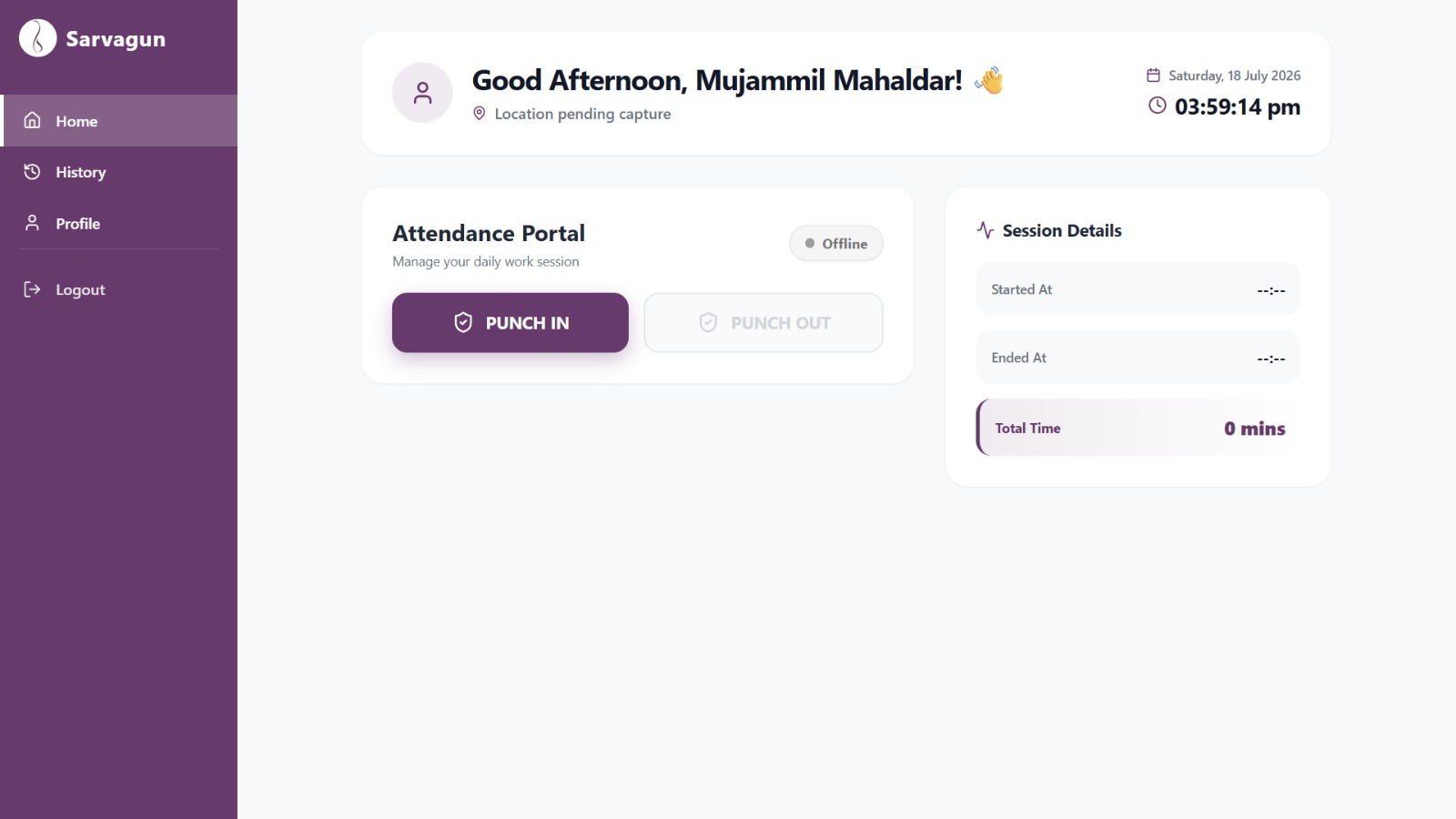The Sarvagun attendance portal with punch-in and session tracking