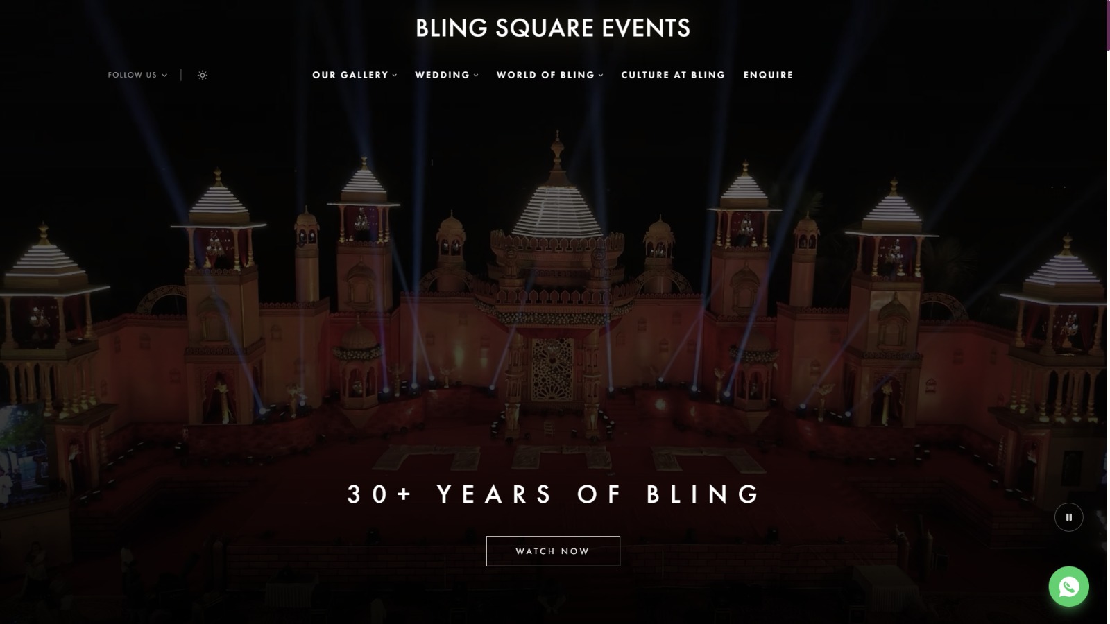 The Bling Square Events site, a lit wedding set behind the navigation and a thirty-years headline