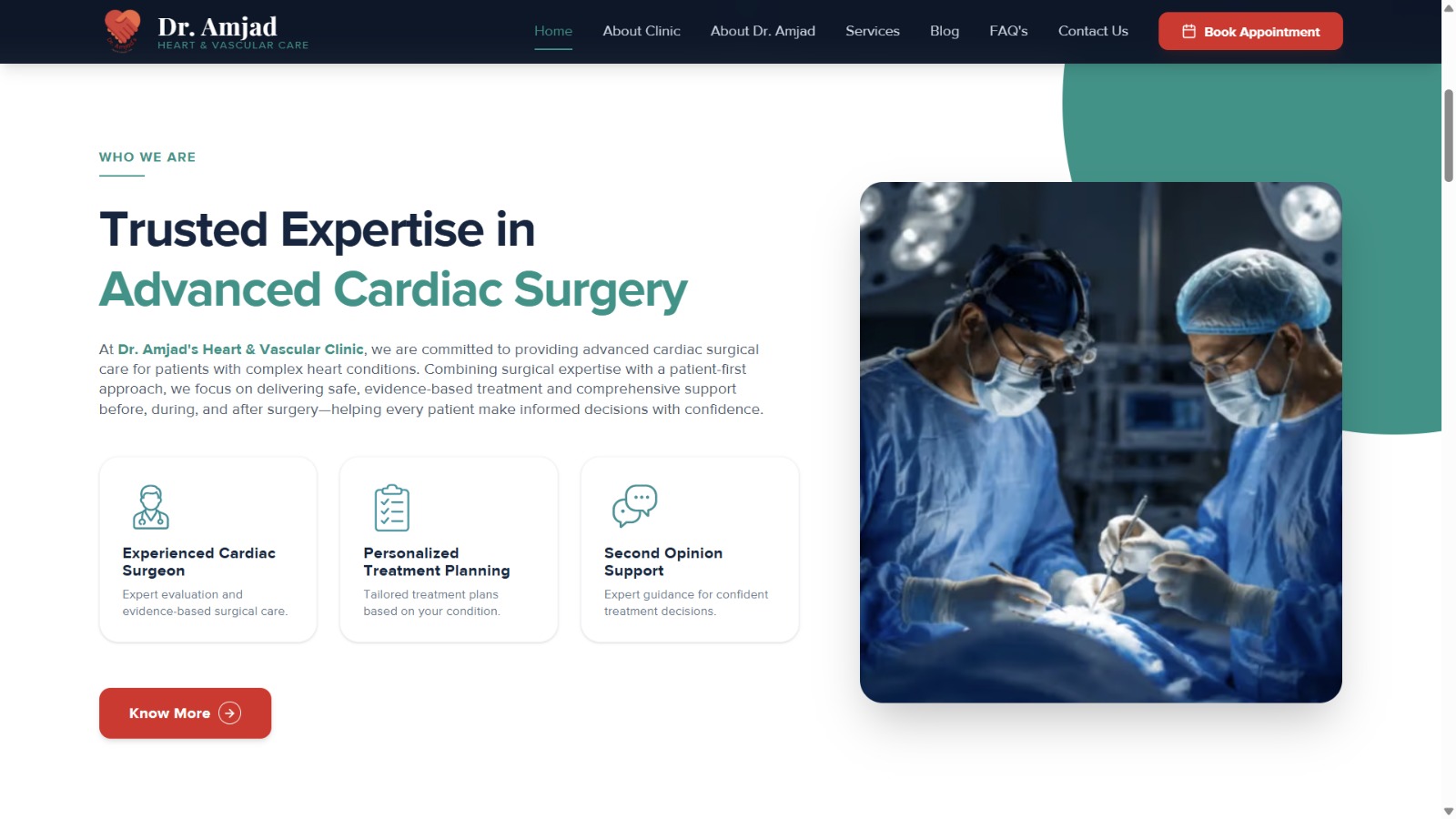 The Dr. Amjad clinic homepage, cardiac surgery services above the fold, with a booking call to action